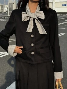 DAZY 女士蝴蝶结装饰外套和百褶裙两件套，秋季女士休闲套装 - 黑色 - 查看 5