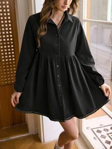 LanaWest Western Style Long Sleeve Ruffle Tie Waist Loose Women Short Dress - Dark Grey - View 6