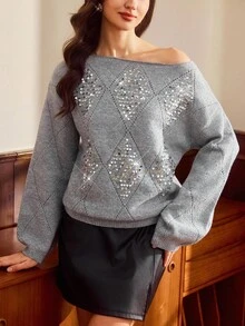 Vintamour Women's Rhombus Sequin Crew Neck Casual Sweater Winter Clothes For Women New Year Women's Clothes Sequin Top Sequin Sweater Sparkly Top Sparkly Sweater