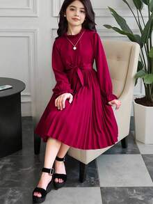 Tween Girls' Belted Dress With Ruffled Hem & Waistband Decoration,Holiday,Summer,Travel