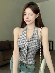 DAZY Women's Plaid V-Neck Halter Top, Suitable For Parties And Back To School - Black and White - View 5