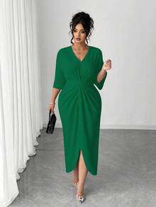 Elenzga Plus Size V-Neck Cinched Waist Bodycon Dress - Green - View 3