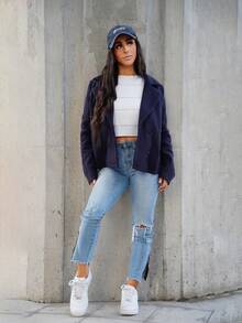 SAYEHFBABY Lapel Neck Double Breasted Blazer - Navy Blue - View 6