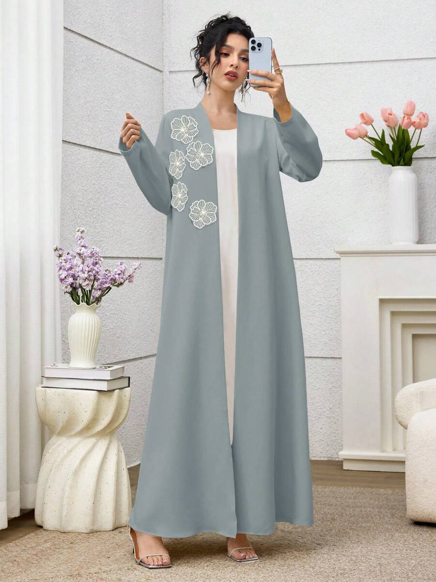 Yasmyna 女士优雅宽松长袖珍珠水钻 3D 花朵长袍，芥末黄 - 灰色 - 查看 1