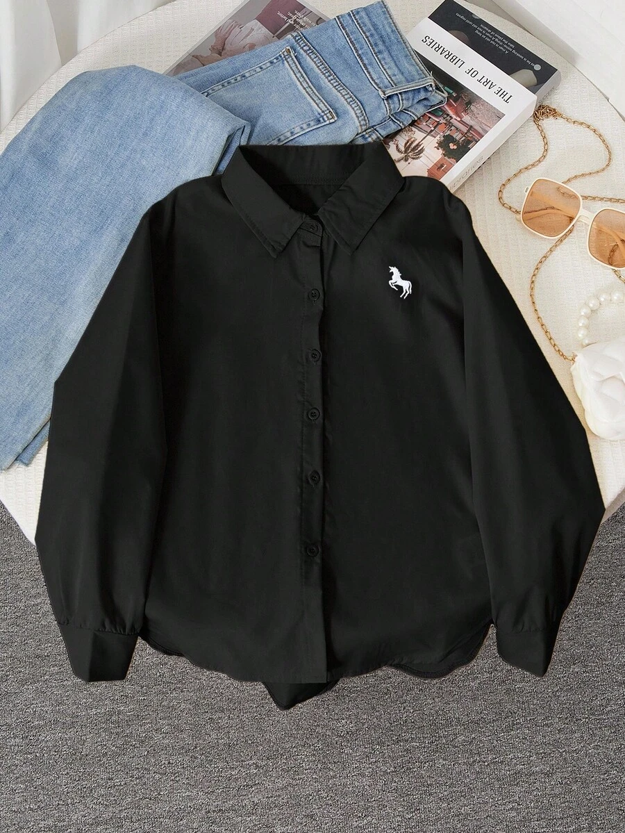 Sparklyn 少女马匹印花长袖单排扣休闲衬衫 - 黑色 - 查看 1