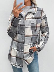 EMERY ROSE Women's Plaid Single-Breasted Casual Fleece Jacket, Autumn/Winter - Grey - View 5