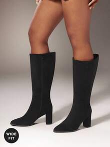 SHUZIA #WideCalf Women's Pointed Toe Side Zip & Block Heel Fabric Suede Black Knee-High Boots – Sleek Finish For Polished Everyday Looks - Black - View 4