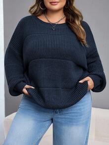 SHEIN CURVE+ Maglione in maglia a costine elasticizzato di colore unito, taglie comode, abbigliamento invernale da donna