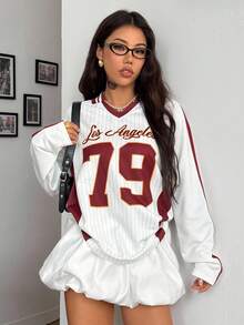 Coolane Women's & Men's Winter Streetwear Rave Outfit Couple Same Style Back To School Game Day Athleisure Number Pattern Lapel V-Neck White Football Oversized Jersey T-Shirt