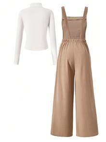 SHEIN Sparklyn 2 件套青少年女孩休闲百搭 T 恤和背带裤套装，简约白色 T 恤，罗纹面料背带裤，带口袋和刺绣标志，适合秋冬季外出、散步、购物、通勤 - 卡其色 - 查看 5