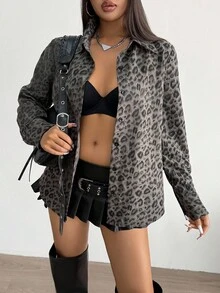 Aidyla Women's Leopard Print Long Sleeve Turndown Collar Button-Up Casual Blouse, Loose Fit For Outings And Dates Cheetah Print Women - Army Green - View 3