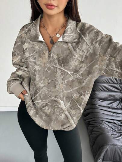 INAWLY Women's Hoodie / Half-Zip Casual Crew Neck Sports Top / Full-Print Leaf Pattern / Digital Printing Technology / Loose-Fit Women's Casual Sports Top / Autumn-Winter Style