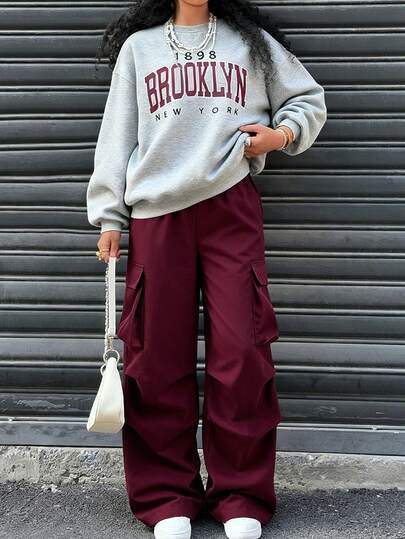 SHEIN 青少年女孩秋冬花卉印花宽松针织圆领运动衫和阔腿工装裤两件套休闲街头服饰套装