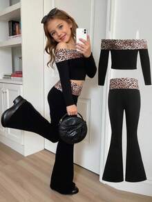 2pcs Young Girl Solid Color Patchwork Leopard Print Casual T-Shirt And Flare Pants Set,SHEIN Serisse Kids Tween Girls Color Block Leopard Print Off Shoulder Long Sleeve Crop Top And Flared Pants 2 Pieces Set, Fashion Outfit, Suitable For Daily Wear, Back To School,Mon And Daughter Matching,Sister And Me