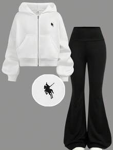 Girlism 2pcs Tween Girls Autumn/Winter White Fleece Hooded Sweatshirt Sweatshirt And Black Skinny Flare Pants Casual School Outfit Set