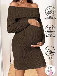 SHEIN Váy suông hở vai màu trơn tối giản, thoải mái, dễ mặc hàng ngày, mềm mại, thoáng khí, dành cho phụ nữ mang thai, mùa xuân/thu - Cà phê nâu - Xem 2