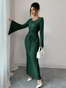 Elenzga Women's Solid Color V-Neck Flare Sleeve Waist Tie Design Pleated Fitted Elegant Elegant Dress Party Dark Green Autumn - Dark Green - View 4
