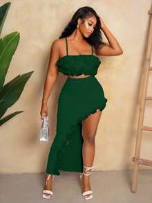 Mistrie 夏季鱼丝线3D花朵装饰白色纯色吊带背心上衣和开叉长裙两件套，适合聚会和约会活动 - 綠色 - 查看 4