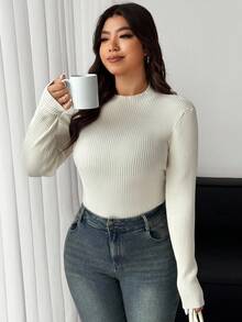 Dazy Plus Suéter de cuello alto elástico acanalado de unicolor, informal, para mujer de talla grande, otoño/invierno - Beis - Ver 6