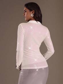 Glamine Women's Sequin Embellished Collar Long Sleeve Fitted Party Blouse, Suitable For Back To School Season In Autumn - White - View 2