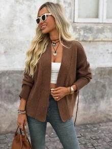 Brillora Cárdigan de punto casual de manga larga con hombros caídos y unicolor para mujer, otoño/invierno