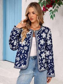 Vivid Eden Manteau d'hiver casual à manches longues et col ouvert avec imprimé floral pour femmes, casual pour femmes, bleu et blanc, manteau bleu, manteau bleu marine, bohème, style boho chic, femmes boho, vêtements western pour femmes, western - Bleu azur - Voir 5