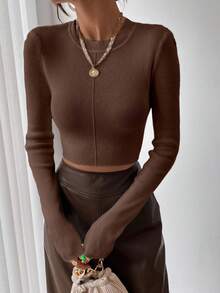 EMERY ROSE Comfortable Solid Color Fitted Cropped Sweater, Suitable For Commuting - Coffee Brown - View 3