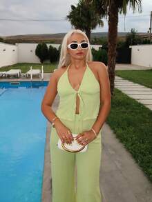 salliqueen Women Two-piece Outfits Backless Lettuce Trim Dasi Depan Plain Seksi - Kuning - View 1