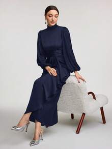 Veilorie 女式纯色立领荷叶边下摆长袖休闲连衣裙 - 藏蓝色 - 查看 3