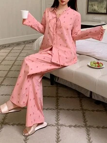 DAZY Conjunto de pijama holgado de mujer con estampado de salpicaduras de agua y cordones, ropa de otoño e invierno - Rosa - Ver 6
