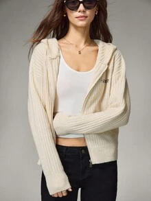Hanevo Women's Letter Pattern Long Sleeve Zip-Up Casual Hooded Cardigan, Autumn/Winter - Apricot - View 6