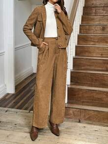 LanaWest 2pcs Vintage Corduroy Set Women, Short Jacket And Wide Leg Pants