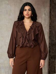 Roveilla Plus Size Women's French Romantic Sicily Elegant Casual Commute Vacation Afternoon Tea Party Solid Color V-Neck Double Ruffle Trim Open Front Long Sleeve Blouse Brown Blouses Coffee Brown Top Ruffle Blouse Chocolate Brown Top Brown Shirts For Women