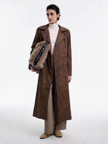 Aalyst 女士休闲仿 PU 束腰百搭日常通勤外套夹克，简约经典设计，长款，适合秋冬季 - 棕色 - 查看 4