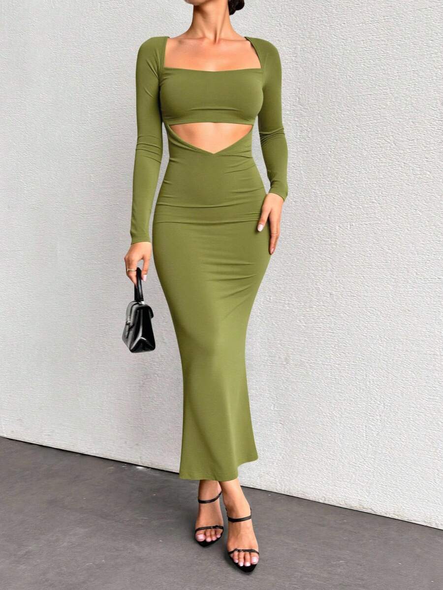 EURMUSE Cut Out Front Square Neck Bodycon Dress - Olive Green - View 1