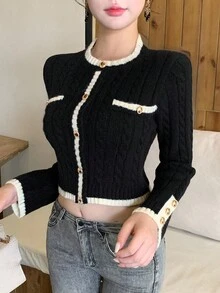 DAZY 女士优雅撞色饰边纽扣针织毛衣，秋季 - 黑色 - 查看 7