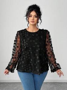 Elenzga Plus Size Women's Round Neck Elegant 3D Floral Embroidered Mesh Lantern Sleeve Blouse - Black - View 4