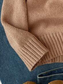 SHEIN Suéter de cuello redondo oversize para niñas, todo a juego en azul, de tela suave, versátil para otoño/invierno - Camel - Ver 3
