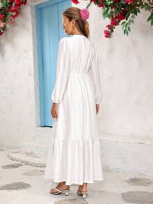 Vivid Eden ,Fall/Winter Women's Outings For Holiday Date Evening Dress, Fall/Winter Outings For Leisure And Vacation V-Neck Embroidered Lace Casual Texture Fabrics Women's White Long-Sleeve Dress, Holiday Shopping Dress, School Outfit, Very Simple Attire, Women's Country Clothing, Office Attire, Old Money Attire, Teacher Attire, Date Attire, Autumn Women's Clothing, Casual Dress, Fall/Winter Dress, Halloween Dress, Christmas Dress White Eyelet Dress - White - View 2
