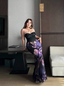Vibekara Plus Size Elegant Waist Cinched Mermaid Hem Vintage Print A-Line Skirt Purple Floral Dress - Multicolor - View 8