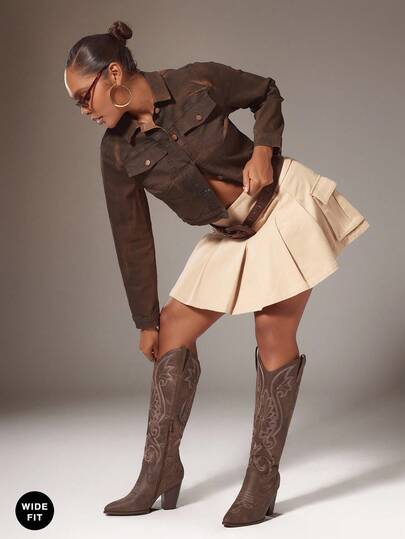 SHUZIA Women's Retro Embroidery Pattern Snip Toe Block Heel Knee High Pu Distressed Brown Cowgirl Boots-Sleek Silhouette With Timeless Rodeo Appeal For Christmas