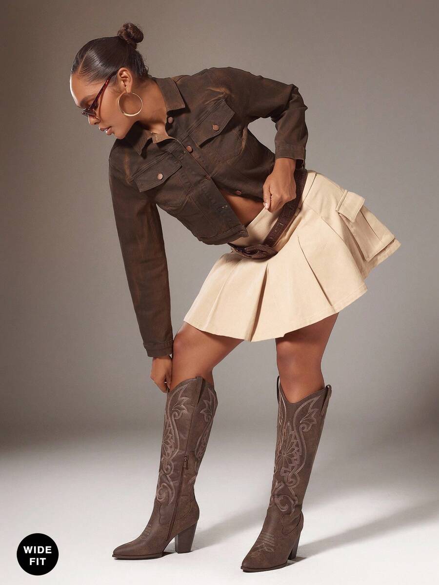 SHUZIA Women's Retro Embroidery Pattern Snip Toe Block Heel Knee High Pu Distressed Brown Cowgirl Boots-Sleek Silhouette With Timeless Rodeo Appeal For Christmas