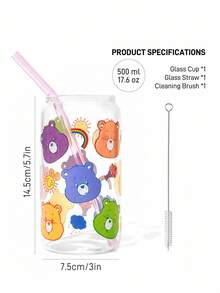 SHEIN X Care Bears 500ml/17.6oz 可爱卡通欢乐熊、熊、分享熊图案印花高硼硅玻璃杯，配有吸管清洁刷和吸管，耐热耐寒 - 無色 - 查看 5