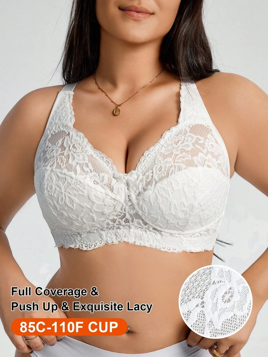 DesireSculpt Sujetador inalámbrico elegante de talla grande con parches de encaje de unicolor, que levanta - Blanco - Ver 1