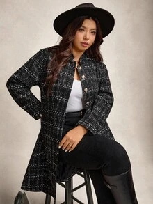 Zelara Plus Size Women Elegant Commuter Thick Tweed Long Blazer In Fall/Winter - Black - View 6