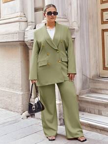 EURMUSE 大码两件套 - 纯色夹克和裤子，休闲/正装 - 軍綠色 - 查看 6