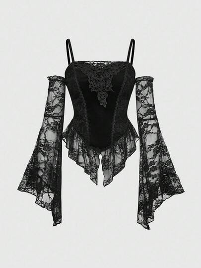 Goth Dark Halloween Velvet & Contrast Lace Flare Sleeve Top