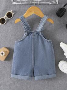 SHEIN Baby Boys' Cute Soft Color Block Loose Blue Denim Jumpsuit Overalls Shorts,For Summer Outfits - Medium Wash - View 5