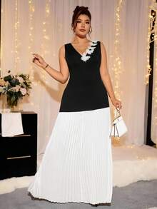 Cravure Plus Size Women Elegant V-Neck Color Block Party Dress