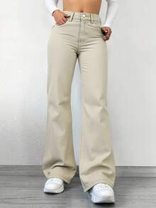 Cottnline Women's Solid Color Straight Leg Jeans - Beige - View 3